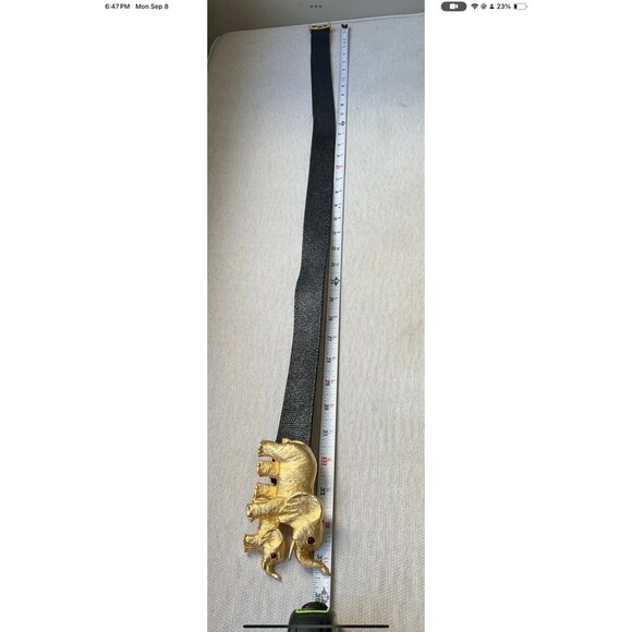 Elephant Belt Buckle Gold Womans 34” (M) Black Leather Adjustable Belt - Vintage - Picture 6 of 8